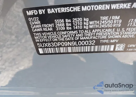 2022 BMW X3 M40I из США, поврежденный, VIN 5UX83DP09N9L00032